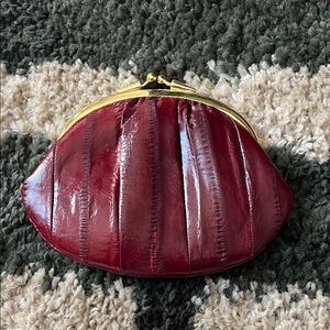 Kisslock Genuine Eel Skin Maroon Leather Clutch with Gold Accents Made in Korea